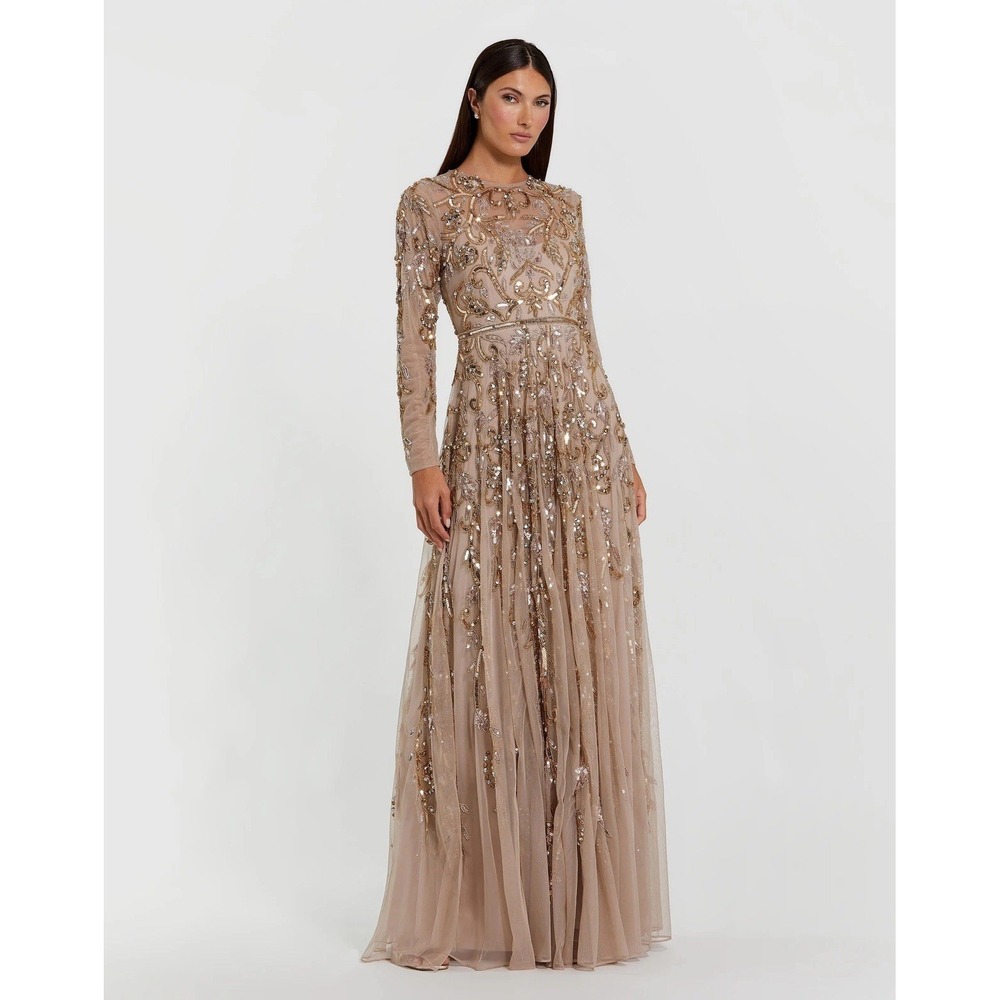 NWT$998 Mac Duggal Sz 20 #93638 Beaded Illusion Puff Sleeve Gown Nude Gold G1511